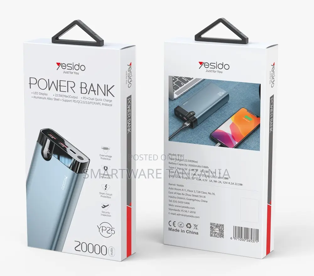 Yesido YP25 Power Bank 20000mAh, PD/Dual Quick Charge, Aluminum Alloy