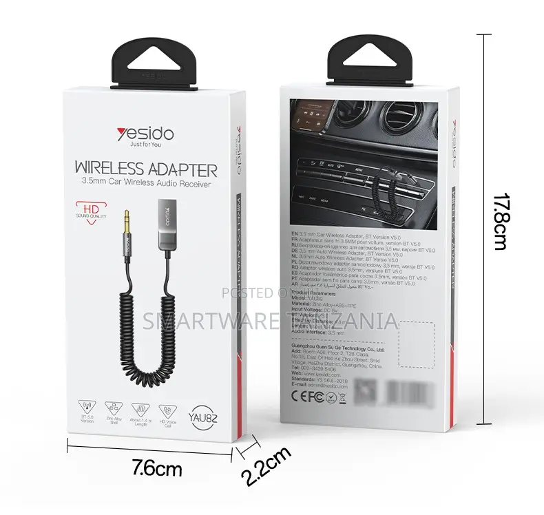 Yesido 3.5mm Car Wireless Audio Receiver, Bluetooth V5.0, 1.5m Length