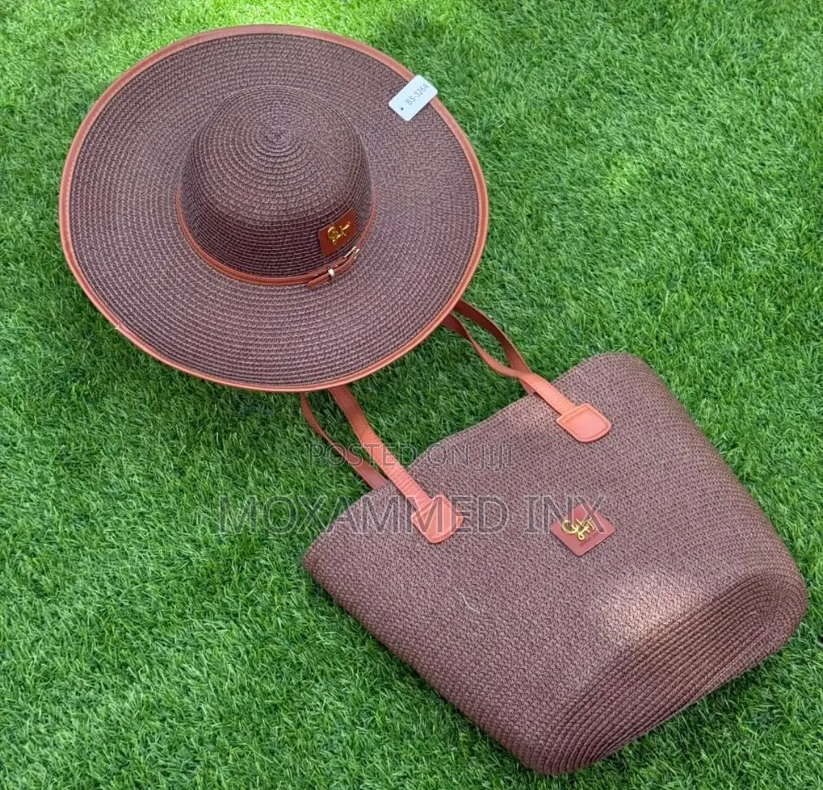 Dark Brown Woven Straw Sun Hat and Tote Bag Summer