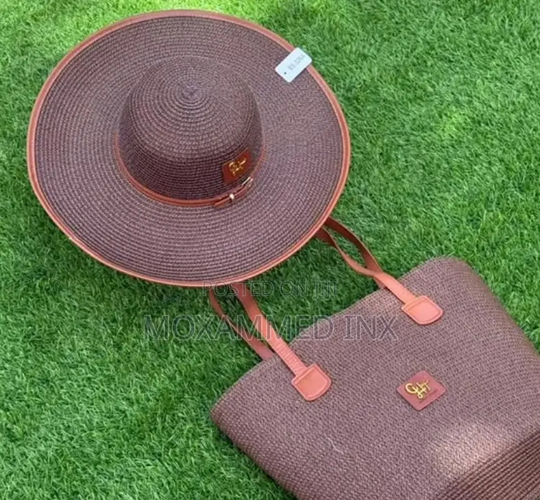 Dark Brown Woven Straw Sun Hat and Tote Bag Summer