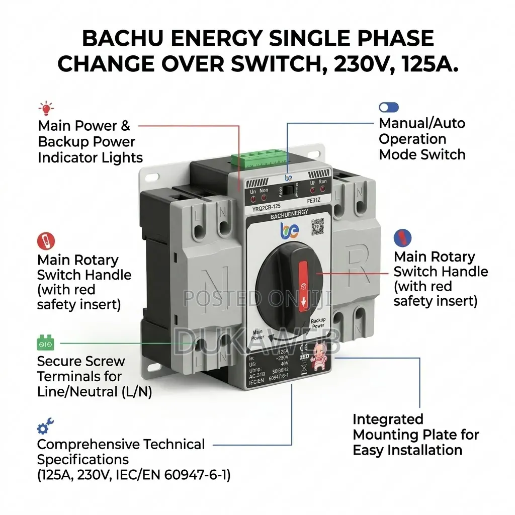 Bachu Energy Single Phase Changeover Switch – 230V 125A
