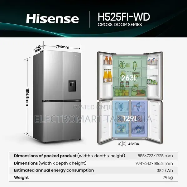 Hisense H525fi-Wd 393L Cross Door Fridge | No Frost | New