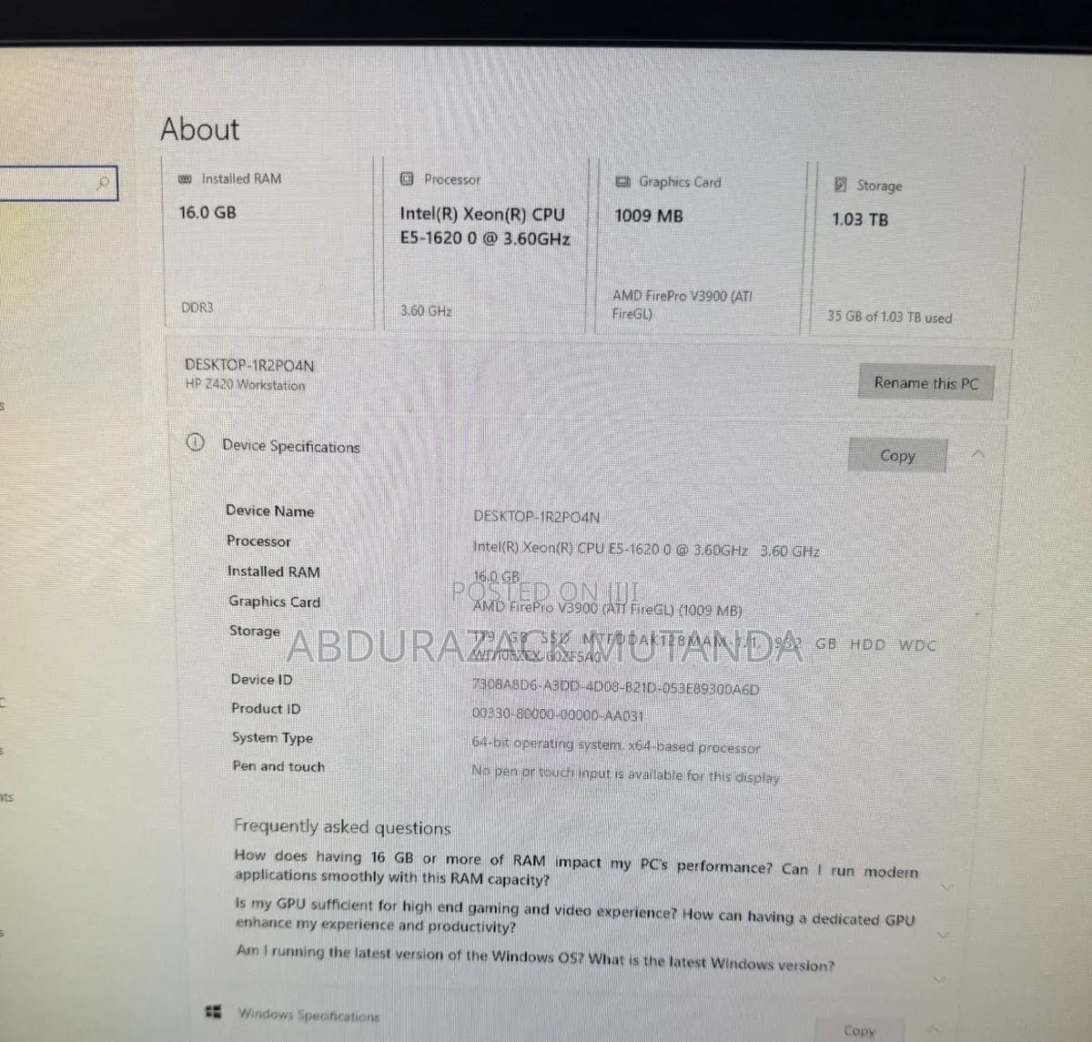 Desktop Computer HP Z420 16GB Intel Xeon HDD 500GB