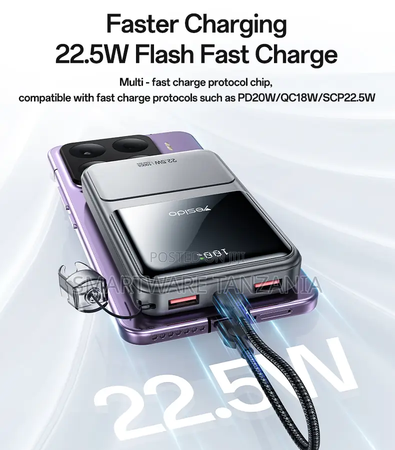 Yesido 10000mAh Power Bank With Dual USB-A and USB-C 22.5W Output