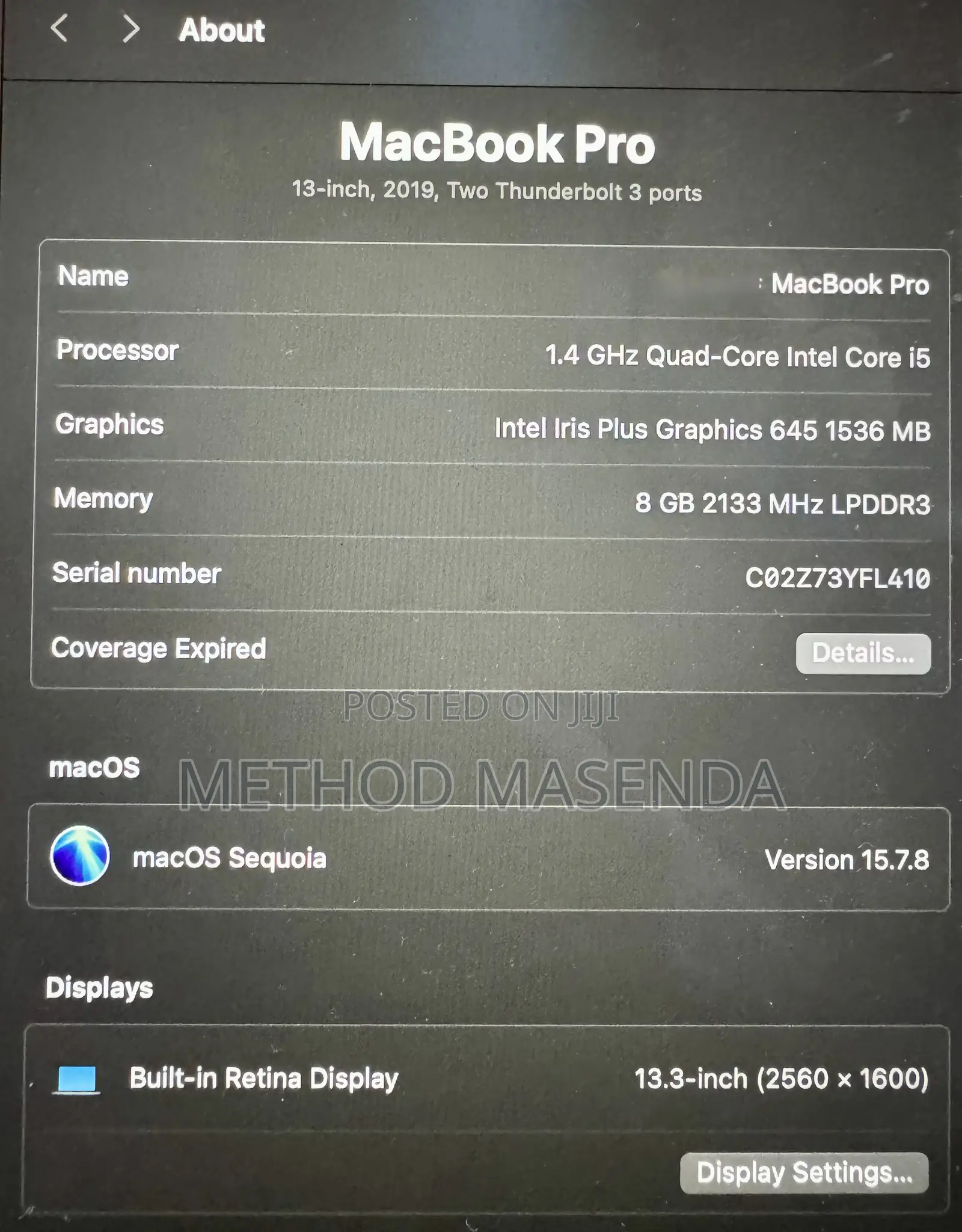 Laptop Apple MacBook Pro 2019 8GB Intel Core i5 SSD 256GB
