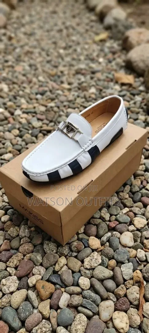 Men's Leather Shoes or Loafers White With Black Bands Makiss Brand