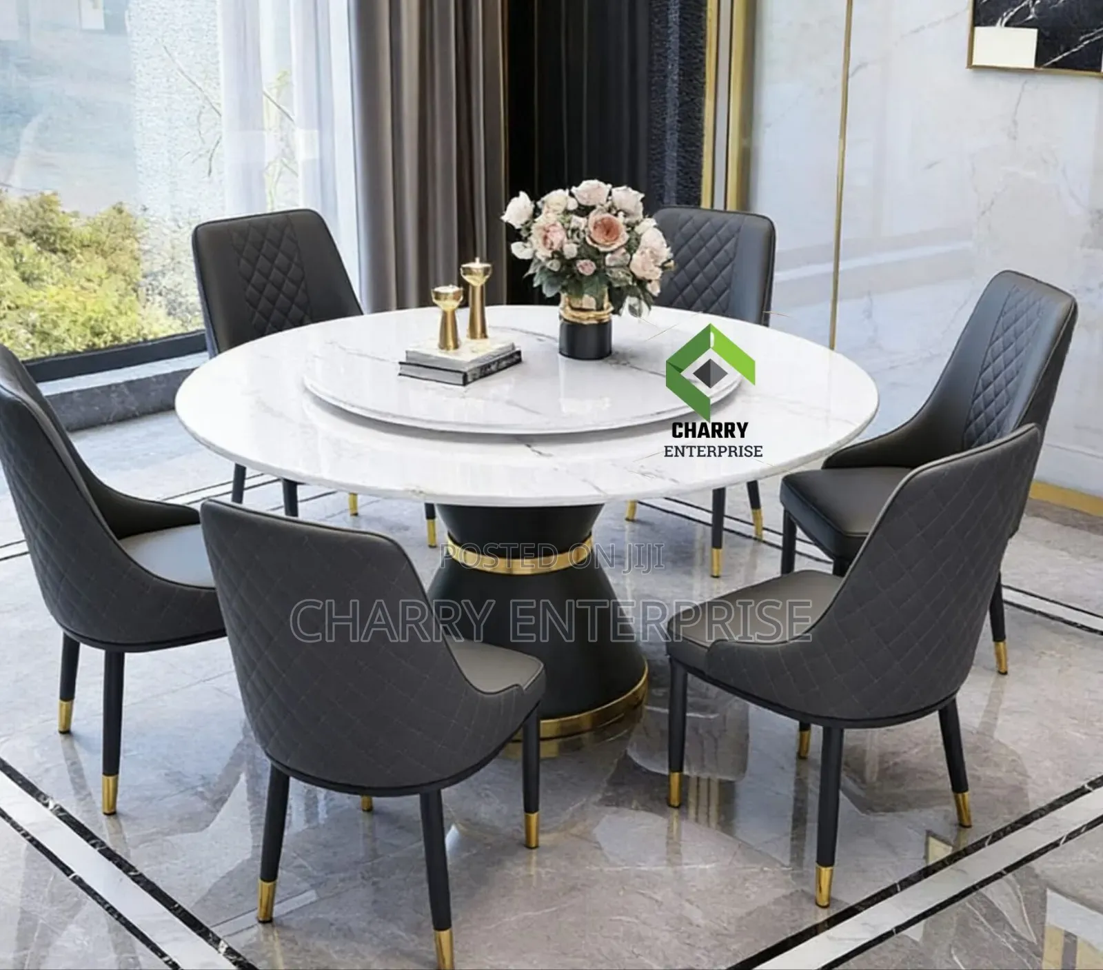 Modern Marble Top Dining Table Set, Featuring a Circular Table Top