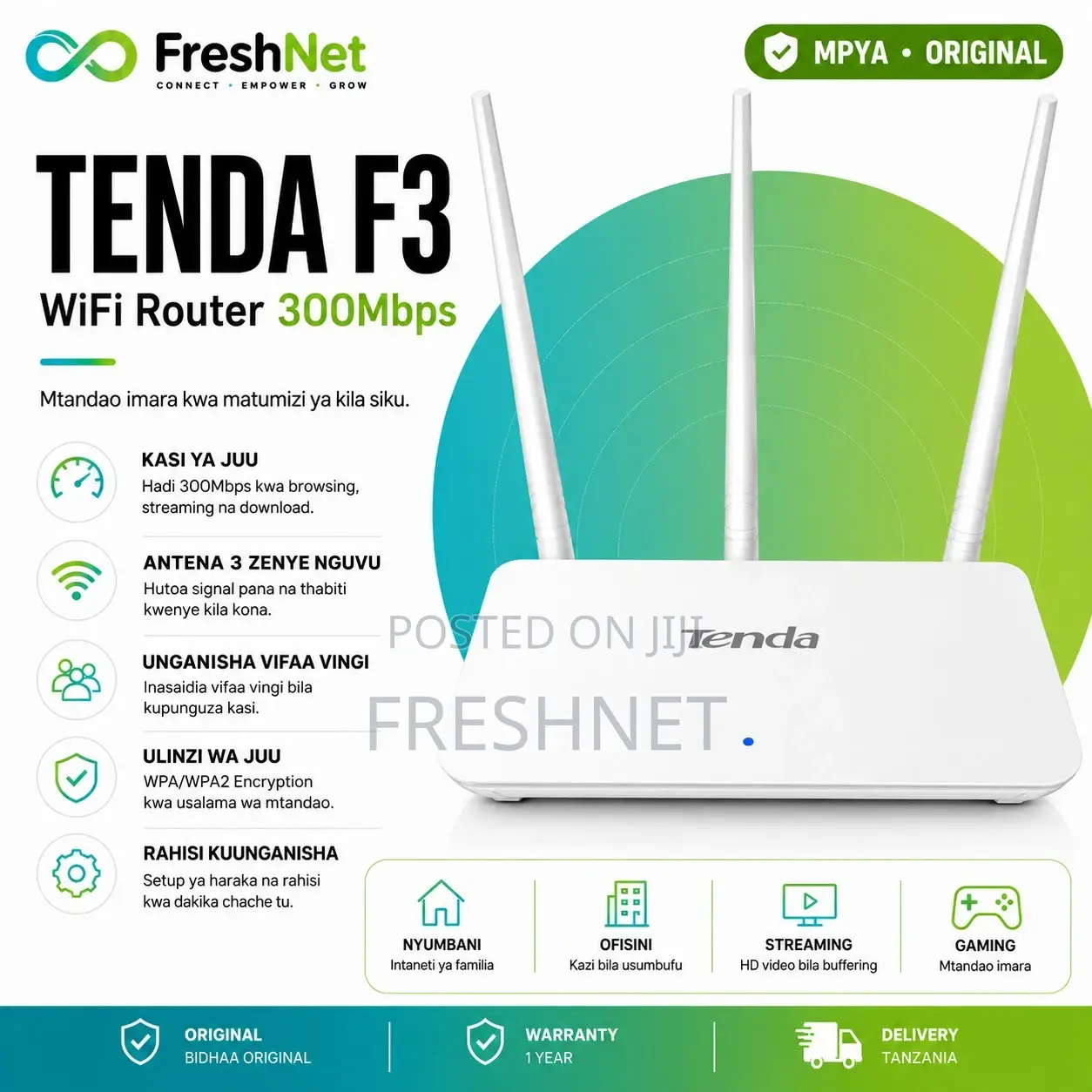 Tenda F3 WiFi Router 300Mbps | Original Tenda Router | Mpya