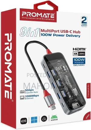 Promate 9in 1 Multport USB C Hub 100W Power Delivery
