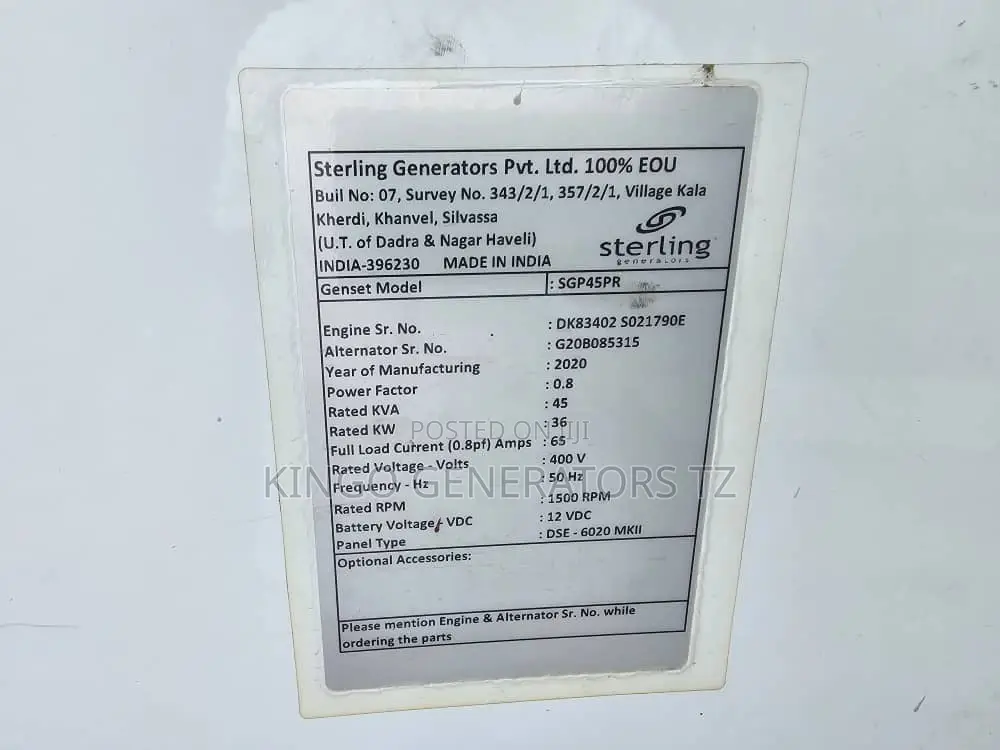 Used Generator Sterling 45kva