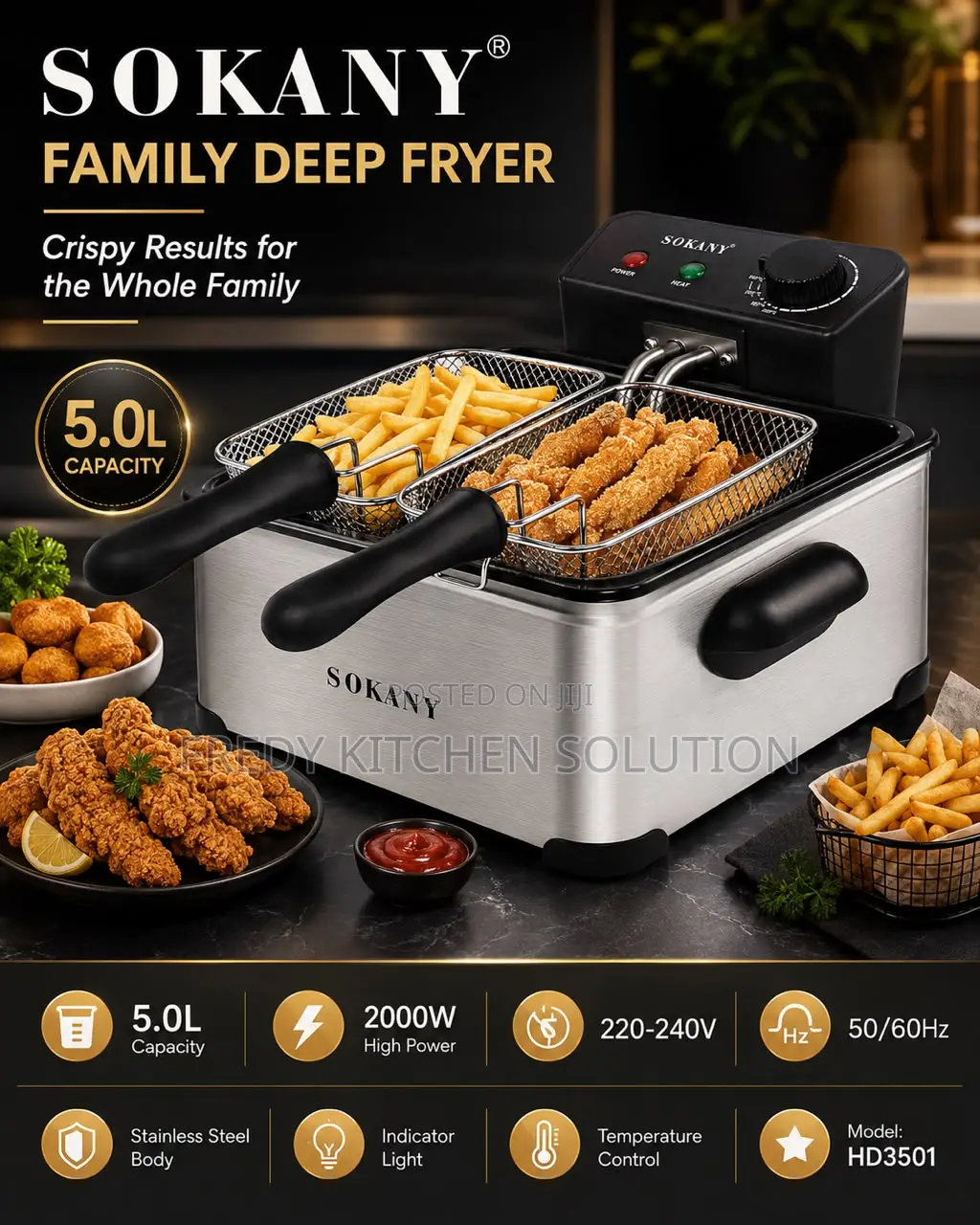 * Sokany Family Deep Fryer – 5l * 5.0l Large Capacity 2000w