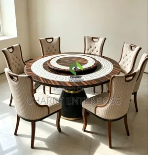 Luxury Round Rotating Dining Set Rich Wood Grain Table and 6 Chairs