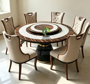 Luxury Round Rotating Dining Set Rich Wood Grain Table and 6 Chairs