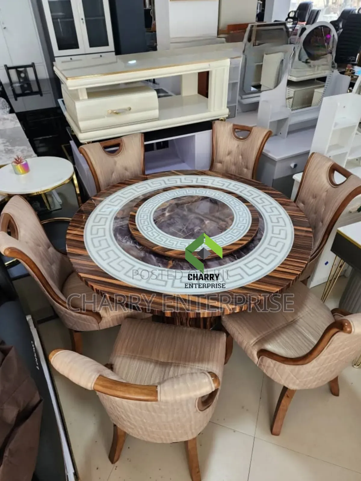 Luxury 6 Seater Round Wooden Dining Table Rotating Marble Lazy Susan