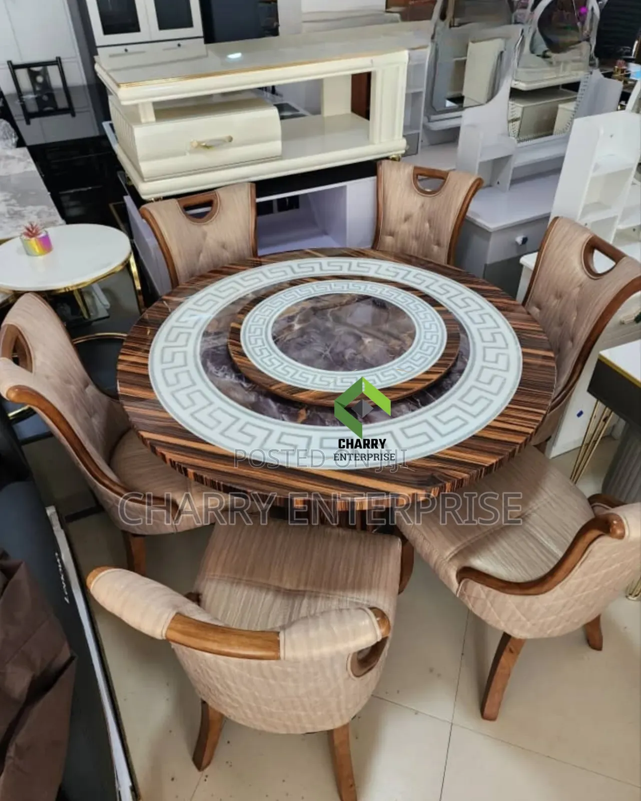 Luxury 6 Seater Round Wooden Dining Table Rotating Marble Lazy Susan