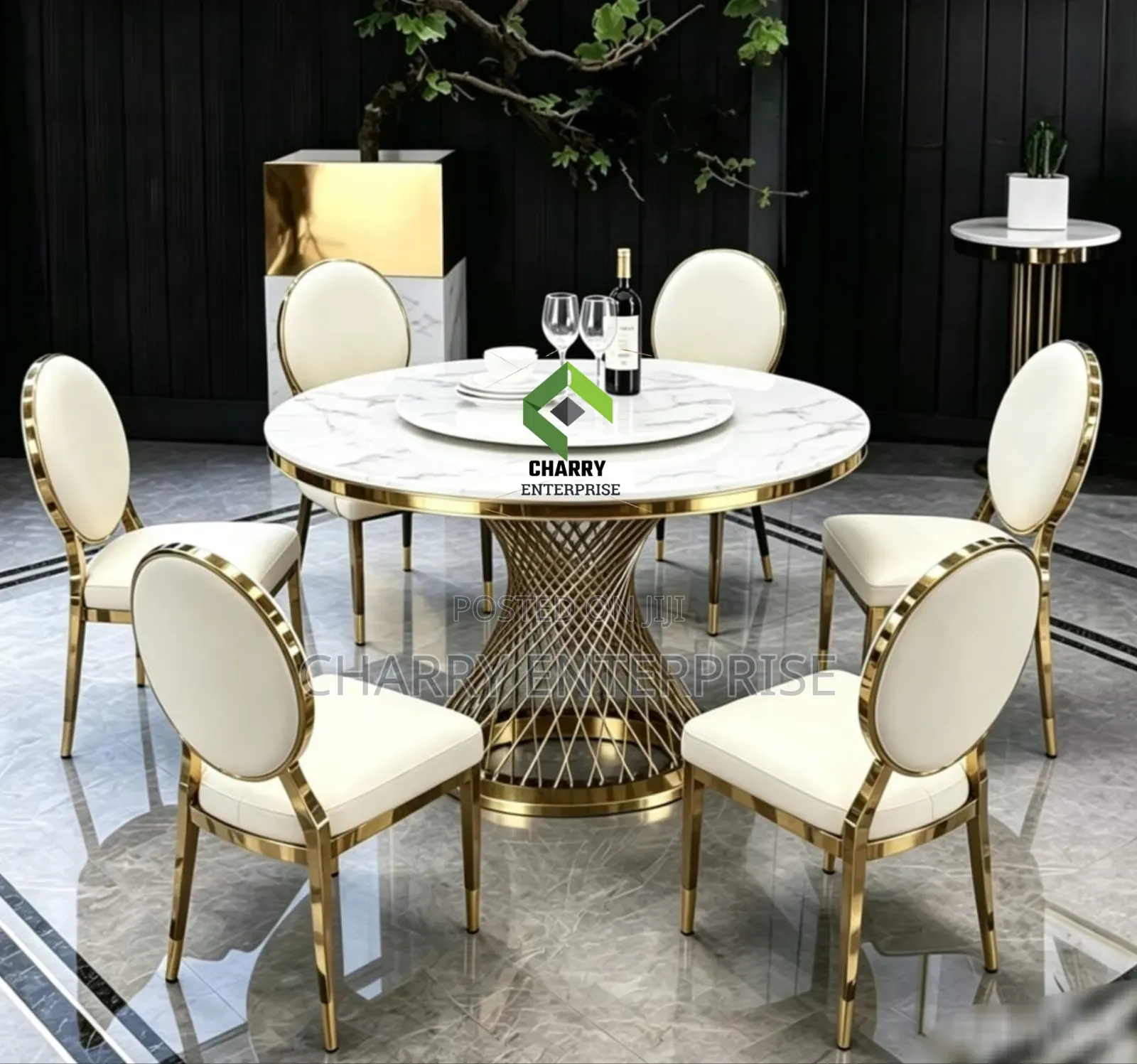 Modern Luxury Round Dining Set With Marble Top Table Gold Metal Base