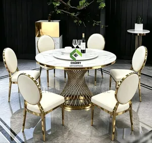 Modern Luxury Round Dining Set With Marble Top Table Gold Metal Base