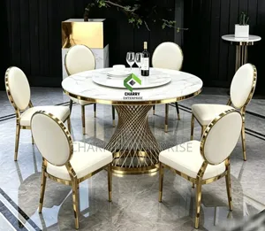 Modern Luxury Round Dining Set With Marble Top Table Gold Metal Base
