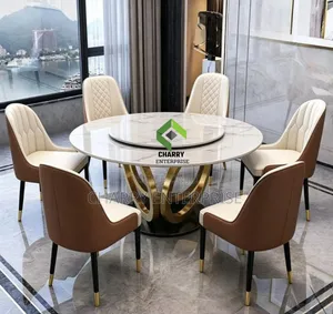 Modern Luxury Stylish Round Marble Dining Set 6 Comfortable Chairs