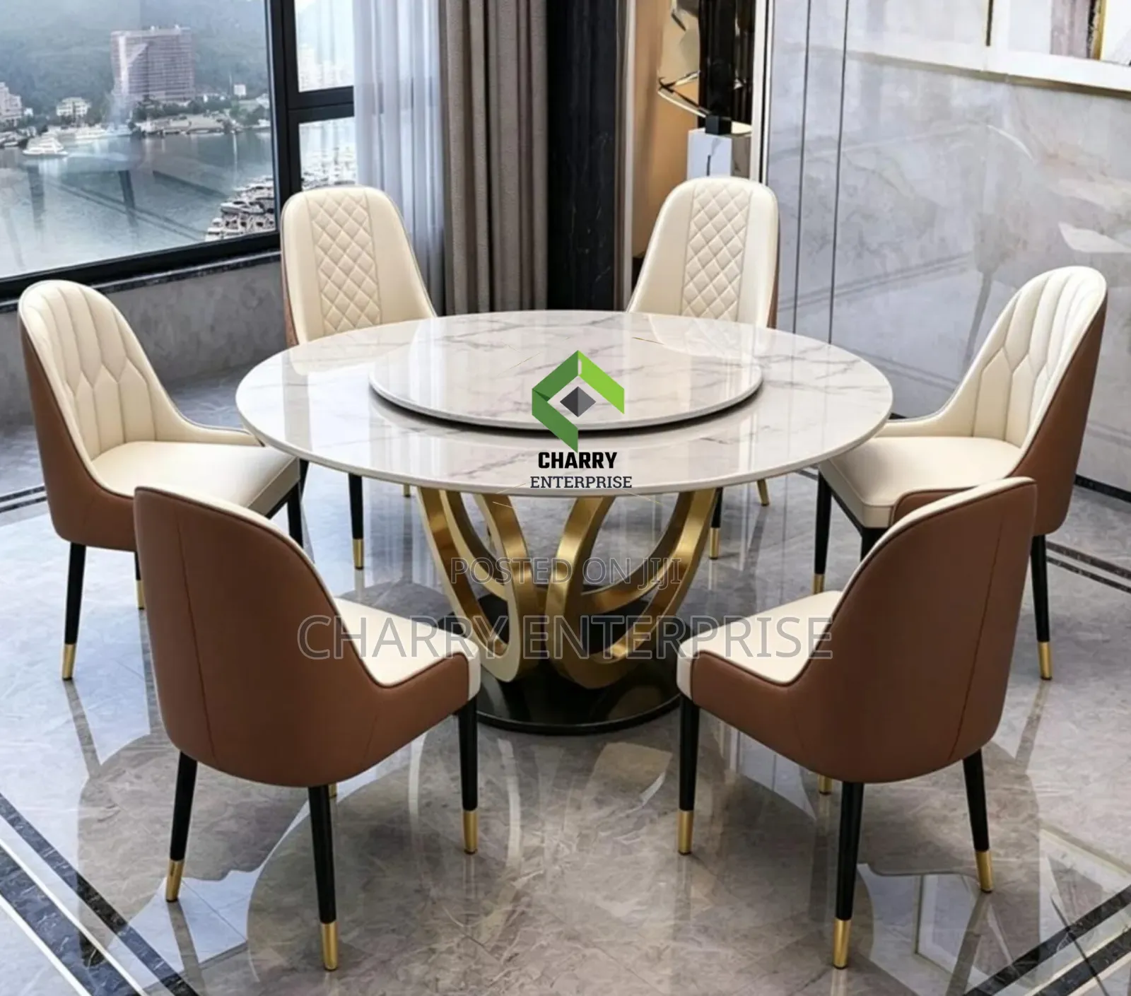Modern Luxury Stylish Round Marble Dining Set 6 Comfortable Chairs