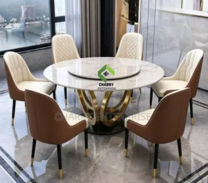 Modern Luxury Stylish Round Marble Dining Set 6 Comfortable Chairs