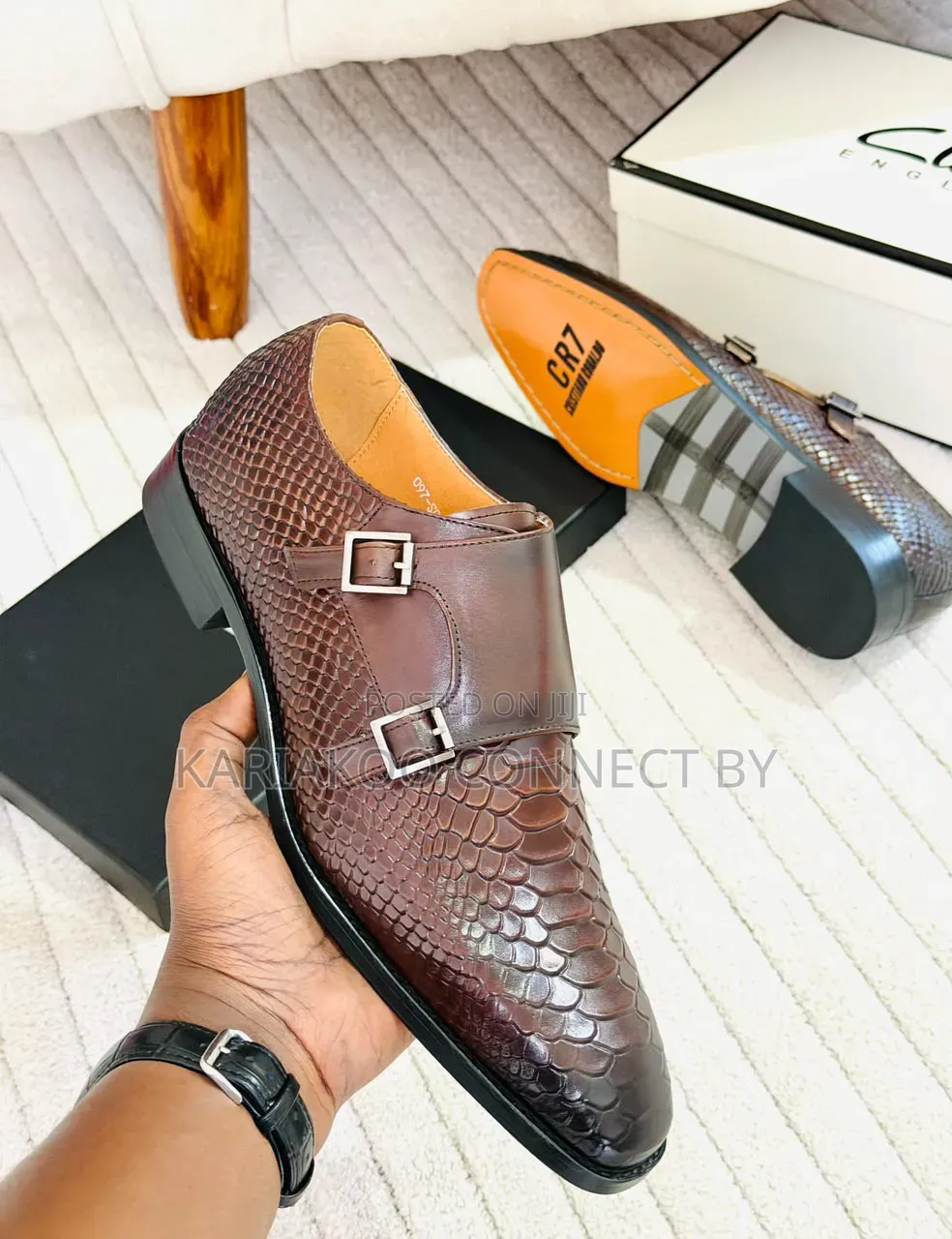 Premium Men's Brown Exotic Leather Monk Strap Shoes