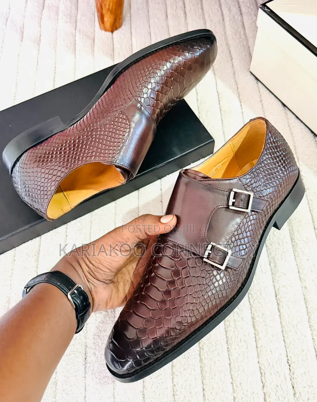 Premium Men's Brown Exotic Leather Monk Strap Shoes