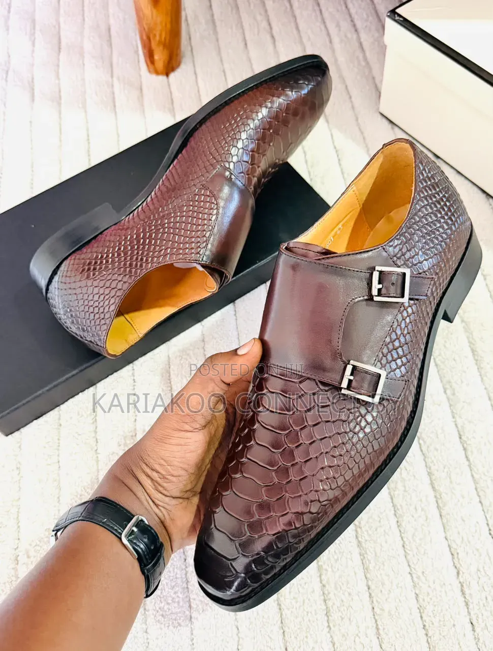 Premium Men's Brown Exotic Leather Monk Strap Shoes