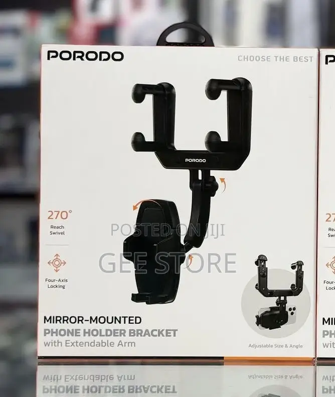 Porodo Mirror-Mounted Phone Holder Bracket Arm270° Swivel Adjustment