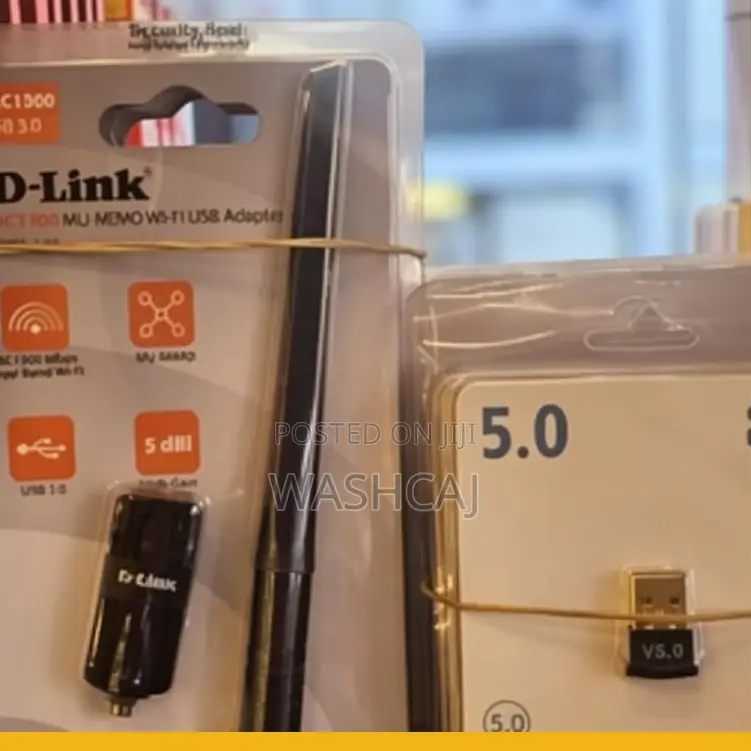 A D-Link AC1300 MU-MIMO Wi-Fi USB Adapter High-Gain Antenna.