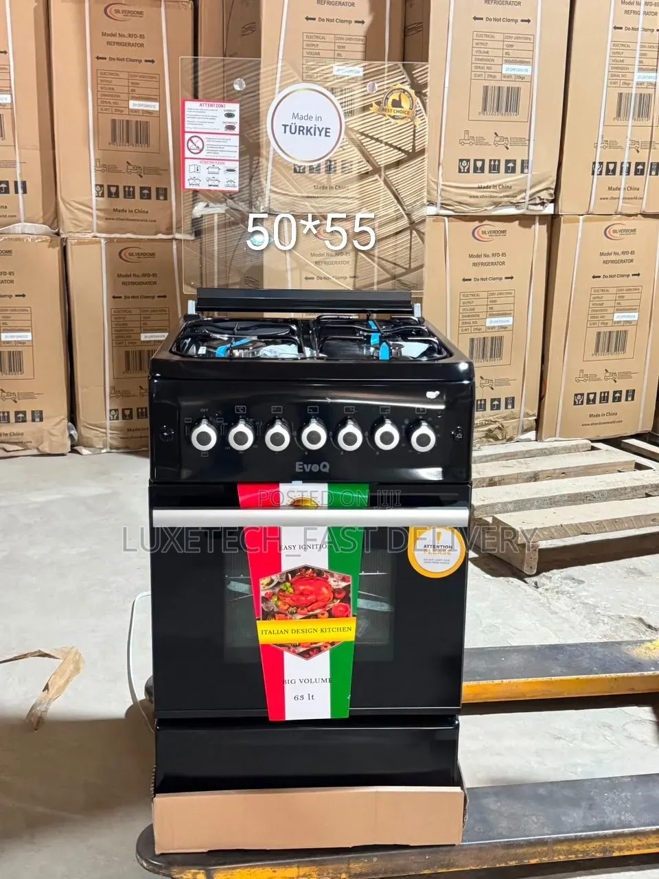 EvoQ Gas Cooker 50*55cm Black – 3 Gas + 1 Electric With 65L Oven