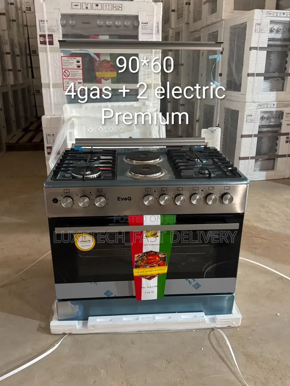 EvoQ 90*60cm Cooker – 4 Gas + 2 Electric Plate With 110L Electric Oven