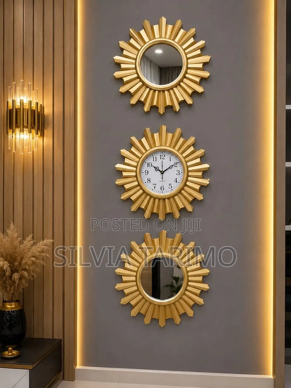 Luxury Gold Sunburst Wall Mirror Clock Set – Elegant Home Decorated