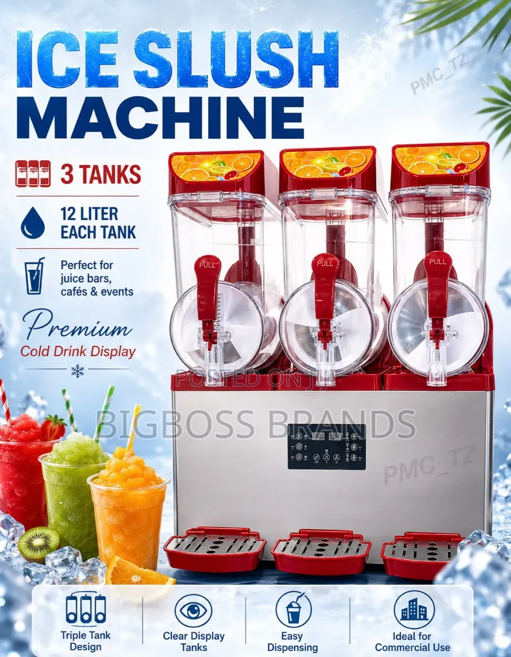 Ice Slush Machine – 3 Tanks 3 Separate Tanks 12 Lit Per Tank