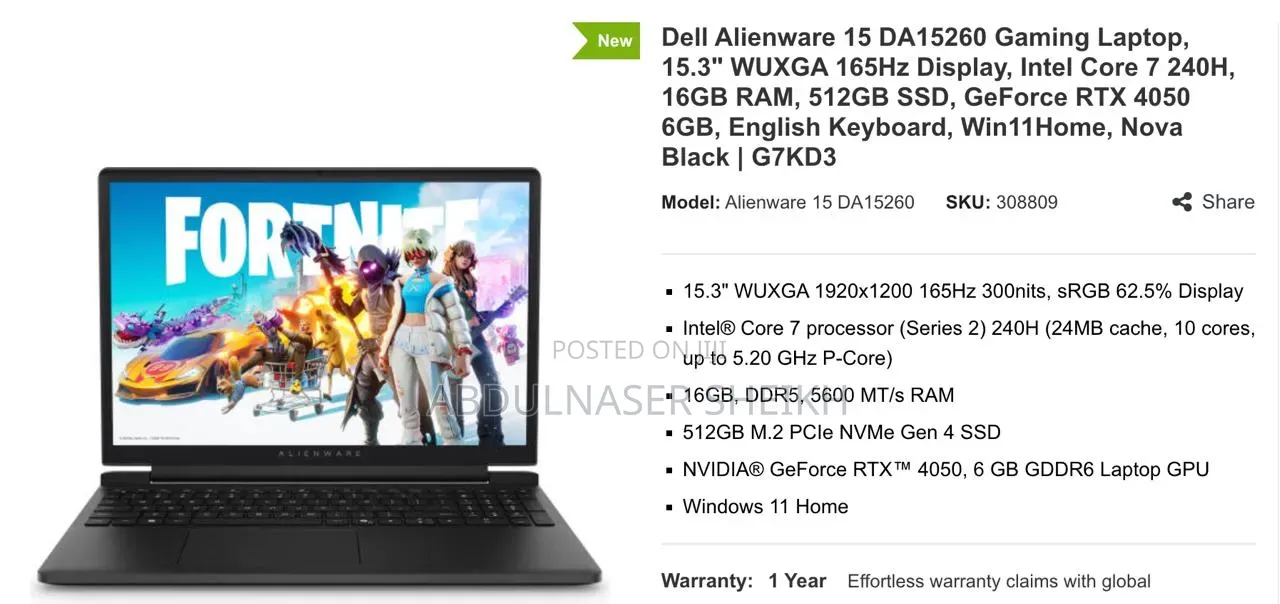 New Laptop Alienware 15 16GB Intel Core i7 SSD 512GB