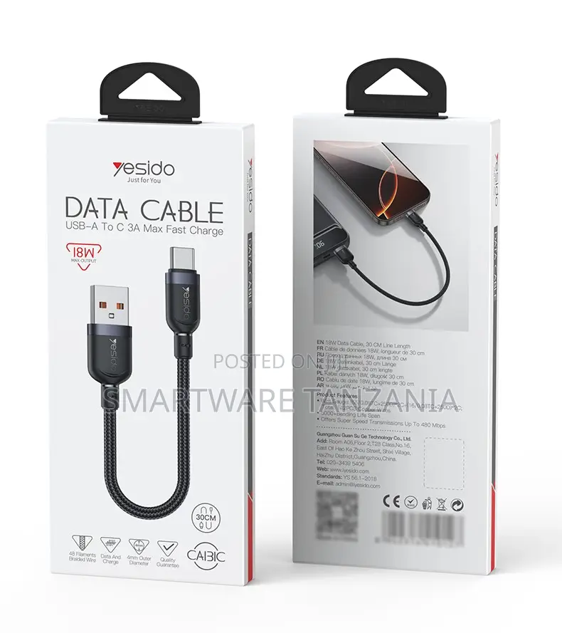 Yesido USB-A to USB-C Data Cable, 18W Max Output, 30cm Length, Braided