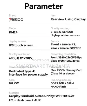 Yesido CarPlay Dash Cam With Front Camera and 1080P Rear Camera