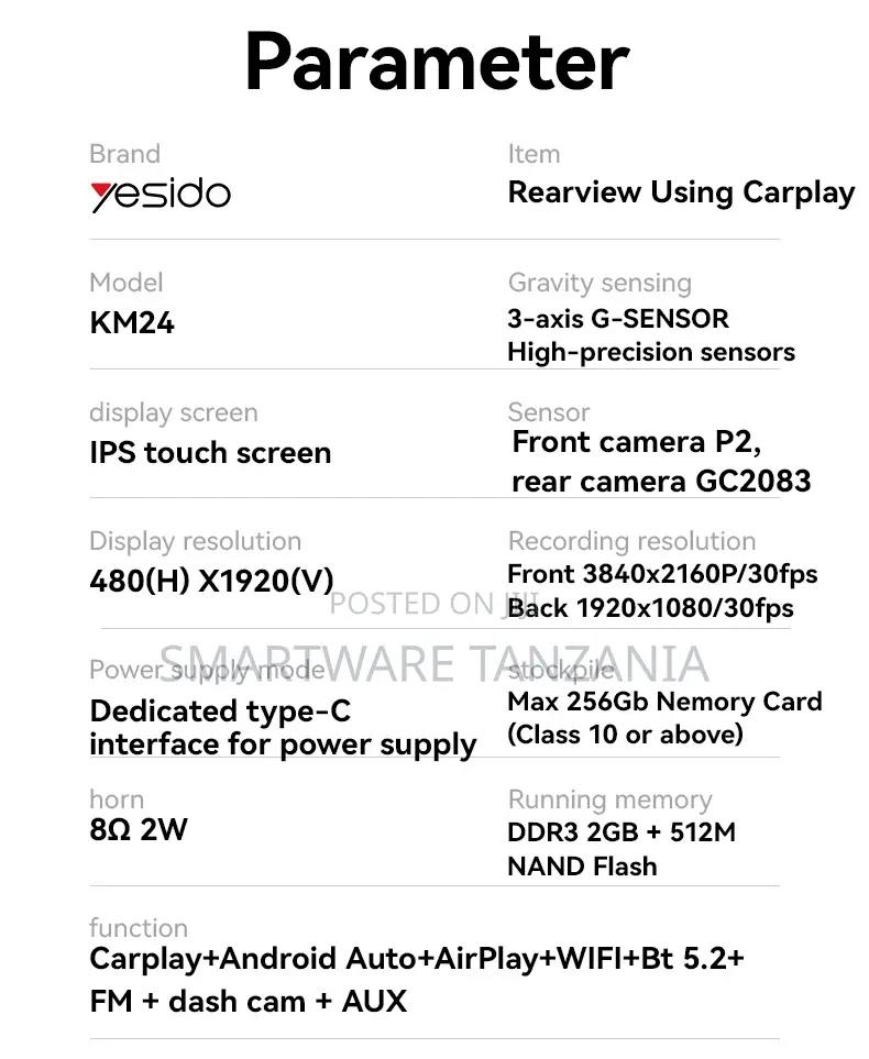 Yesido CarPlay Dash Cam With Front Camera and 1080P Rear Camera