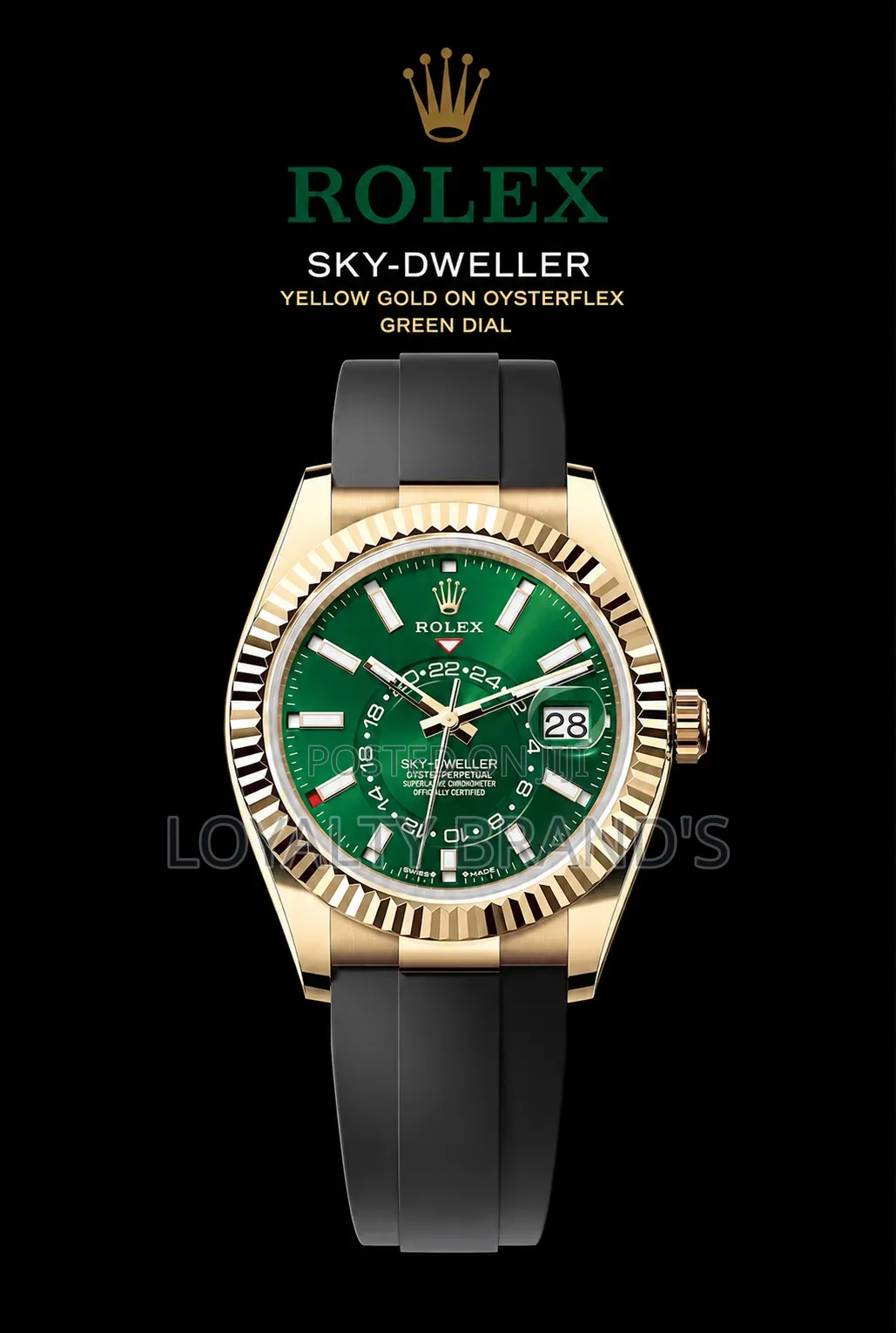 Rolex 
Sky-Dweller 
Yellow Gold on Oysterflex
Green Dial