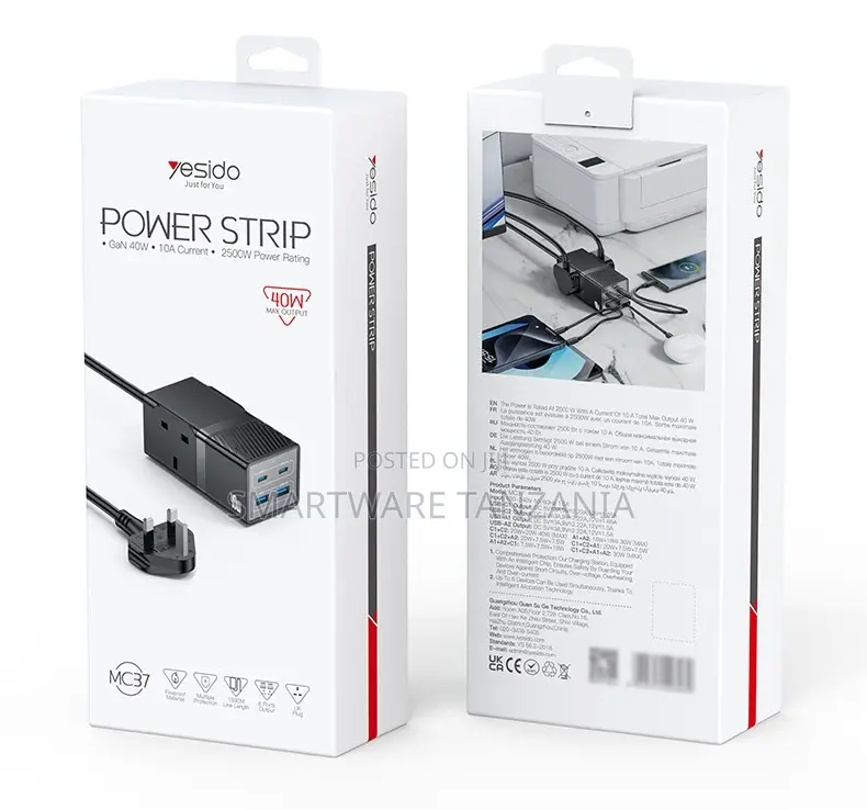 Yesido Power Strip GaN 40W 10A Current 2500W Power Rating, 3 Ports