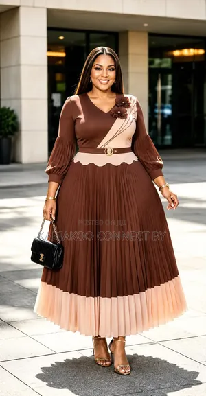 Elegant Floral-Accent Two-Tone Pleated Midi Dresses.