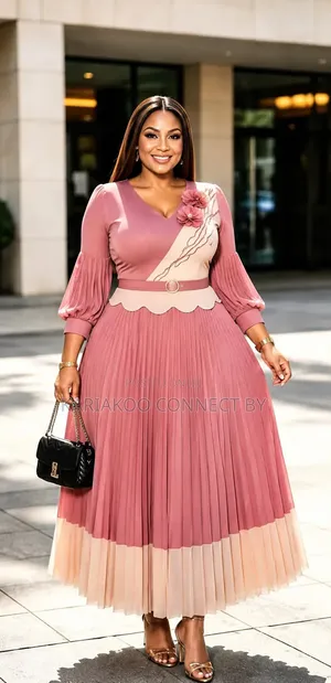 Elegant Floral-Accent Two-Tone Pleated Midi Dresses.