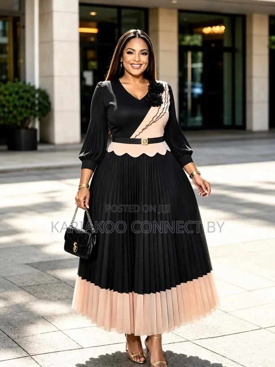 Elegant Floral-Accent Two-Tone Pleated Midi Dresses.