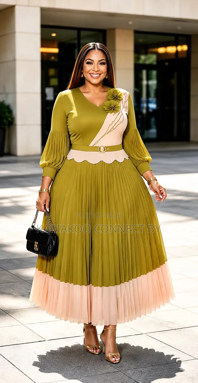 Elegant Floral-Accent Two-Tone Pleated Midi Dresses.