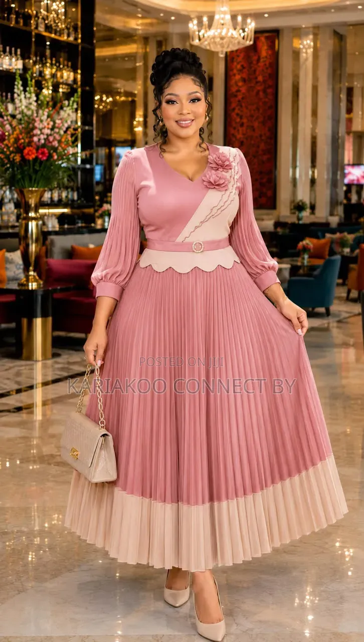 Elegant Floral-Accent Two-Tone Pleated Midi Dresses.