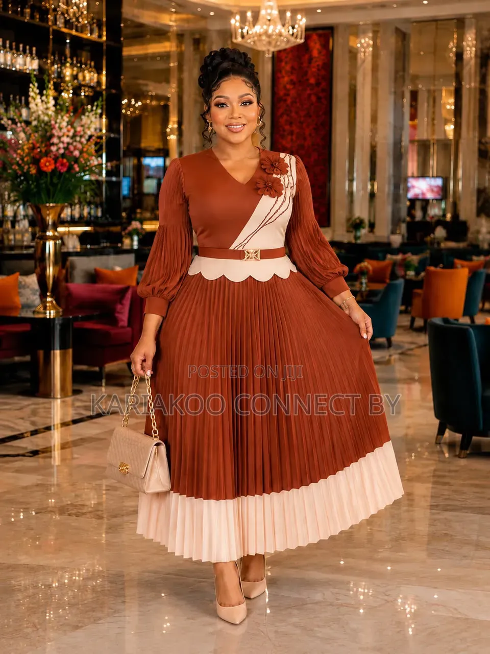 Elegant Floral-Accent Two-Tone Pleated Midi Dresses.