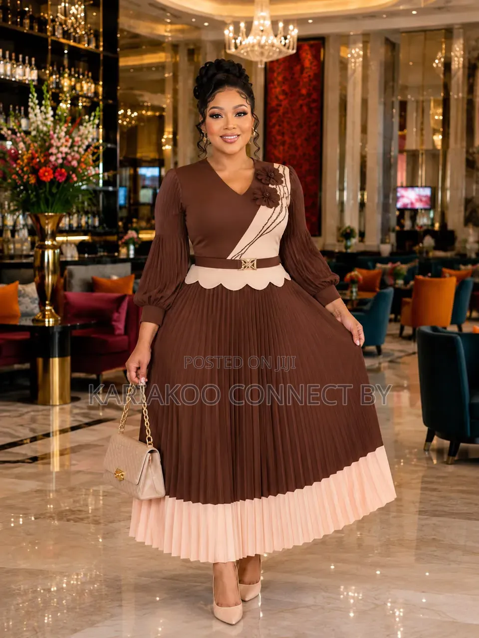 Elegant Floral-Accent Two-Tone Pleated Midi Dresses.