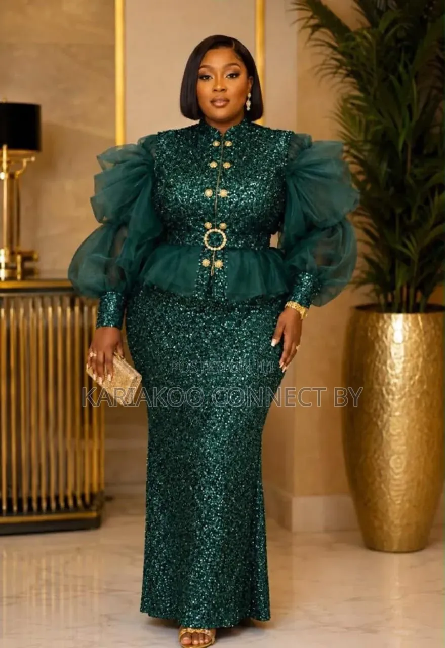 Luxury Organza Sleeve Sequin Peplum Gown