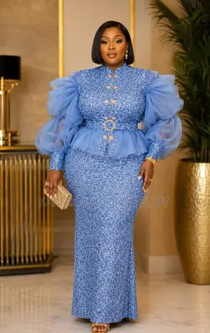 Luxury Organza Sleeve Sequin Peplum Gown