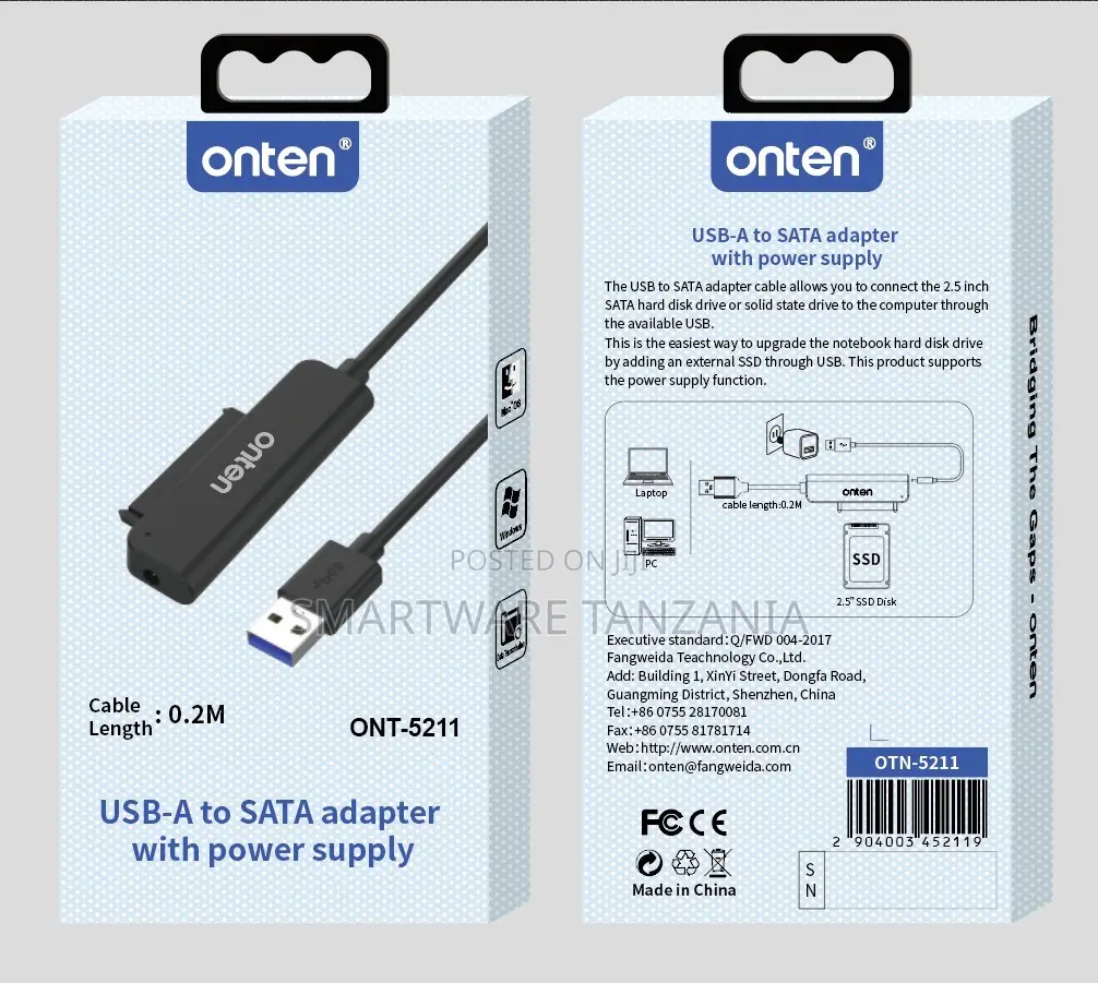 Onten USB-A to SATA Adapter With Power Supply, 0.2M Cable Length